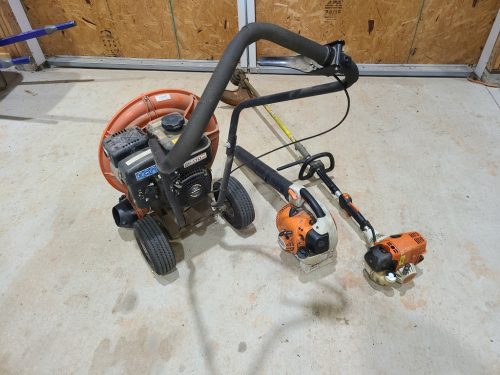 Stihl KM11R string trimmer, Stihl BG86C hand-held blower, and Billy Goat Force stand-up blower